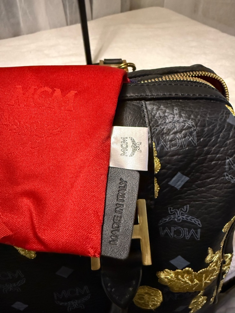 *RARE* MCM Black Leather Speedy 30,  Gold Embroidered Accents and Red/Navy Trim - Picture 8 of 15